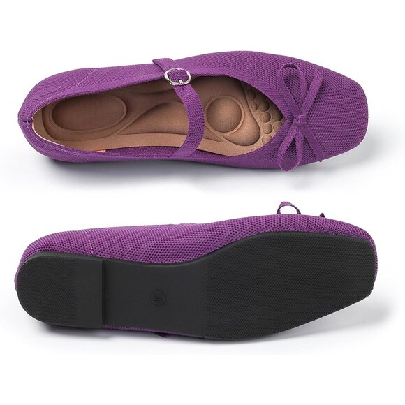 Women Deep Purple Fabric Upper And Rubber Sole Ballet Flats With Ankle Strap - Picture 2 of 7